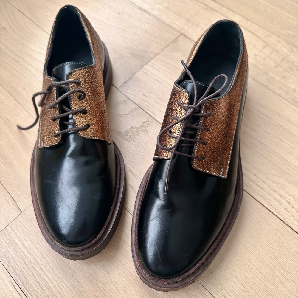 Brunello Cucinelli Women’s Oxford Shoes Black & Gold Size 37 Luxury Designer - Picture 7 of 11